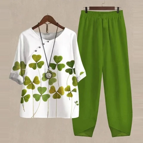 Summer Casual Two Piece Set Women Elegant O Neck Flower Print Loose T Shirt High Waist Loose Pants Suit Female Outfits