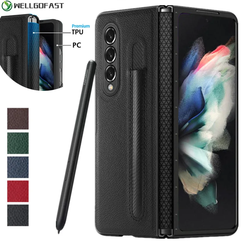 

Чехол для Samsung Z Fold3 для Samsung Galaxy Z, складной чехол с 3 слотами для ручки для ZFold3, роскошный кожаный защитный чехол с петлями и полной защитой для...