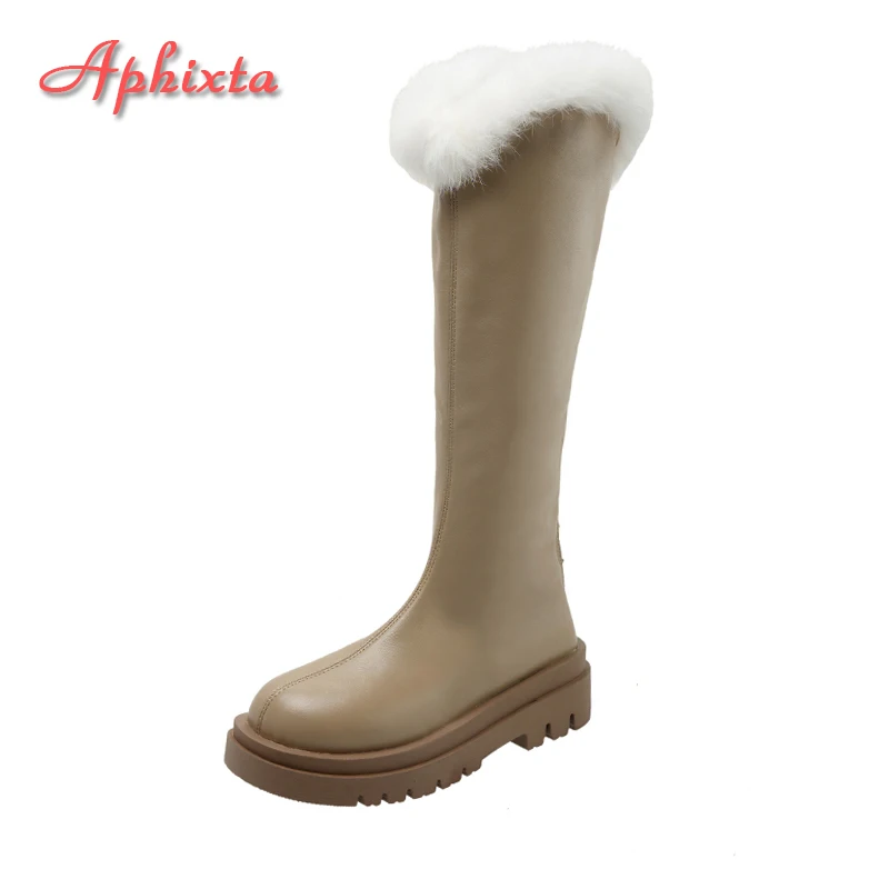 

Aphixta 2022 Winter Warm Women Long Boots White Furry Khaki Shoes Zipper Platform 5cm Thick Heel High Botas Mujer Plus Size 42