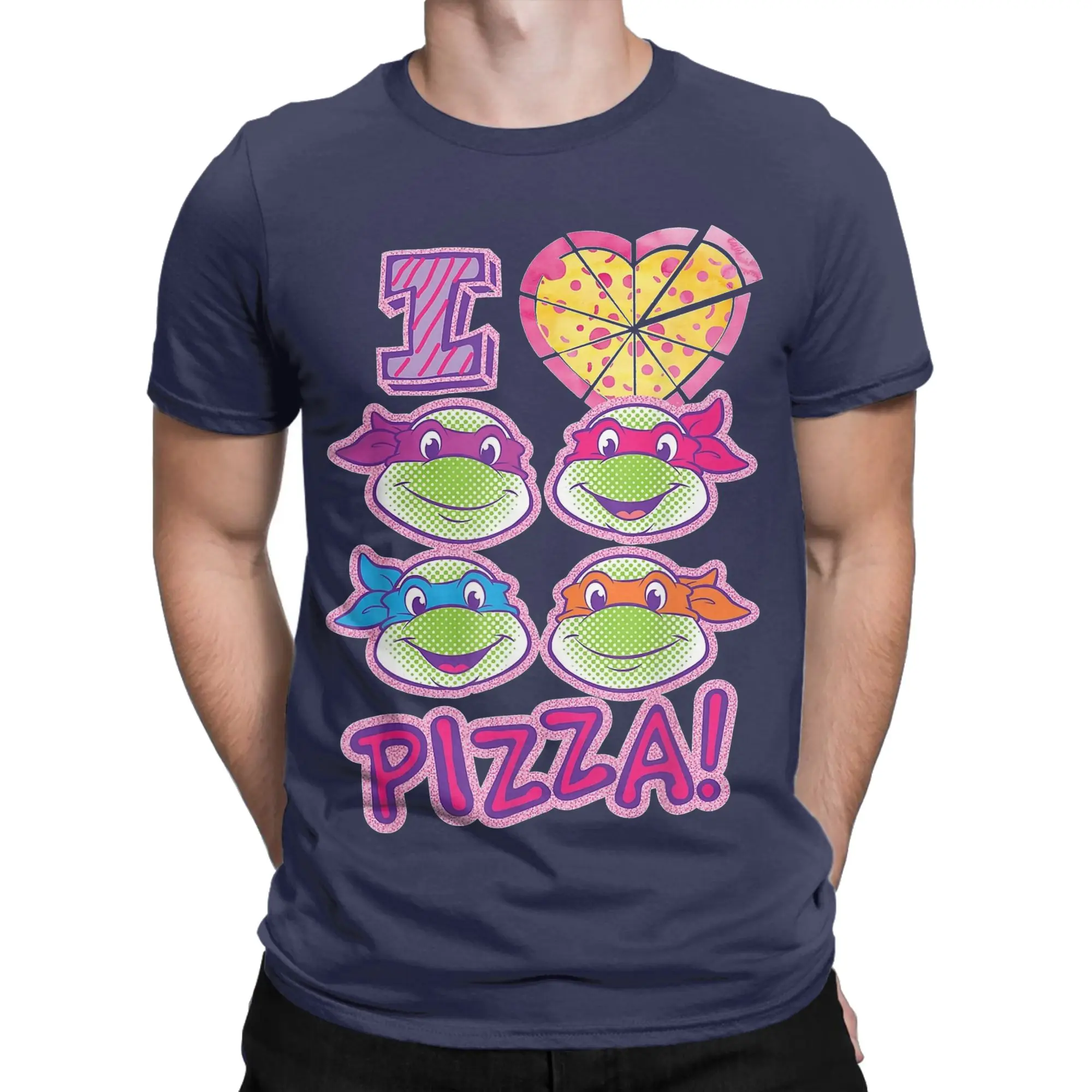 Фото Футболка TMNT T-Turtles Super Heroes Love Pizza в стиле ретро, ​​футболка унисекс, одежда из 100% хлопка, одежда в стиле ретро с круглым вырезом и короткими рукавами №1