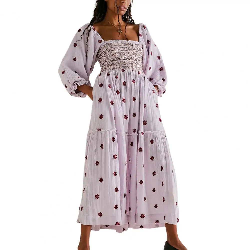 

Женское вечернее платье с квадратным вырезом, плиссированное свободное платье миди составного кроя с рукавами-фонариками и цветочным принтом на три четверти