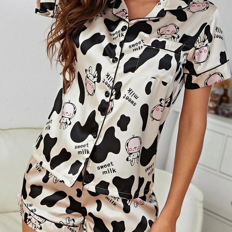 Cow Pajamas Women's Summer Short-sleeved Ice Silk Cardigan Sweet Home Service Two-piece Suit Women Pajamas Set Ice Silk Pyjamas