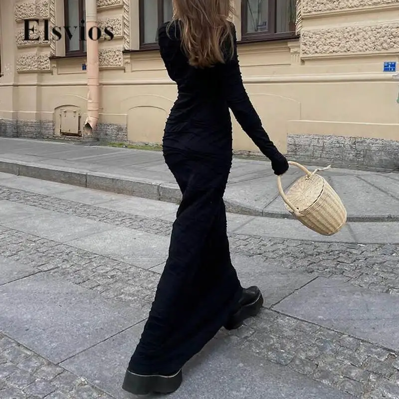 

Ladies Elegant O Neck Slim One-Step Party Dress Autumn Casual Long Sleeve Women Dresses Fashion Wave Patchwork Solid Maxi Dress