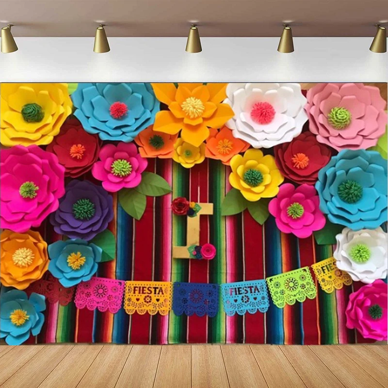 

Mexican Fiesta Theme Photography Backdrop Birthday Party Cinco De Mayo Colorful Flags Floral Banner Table Decor Background