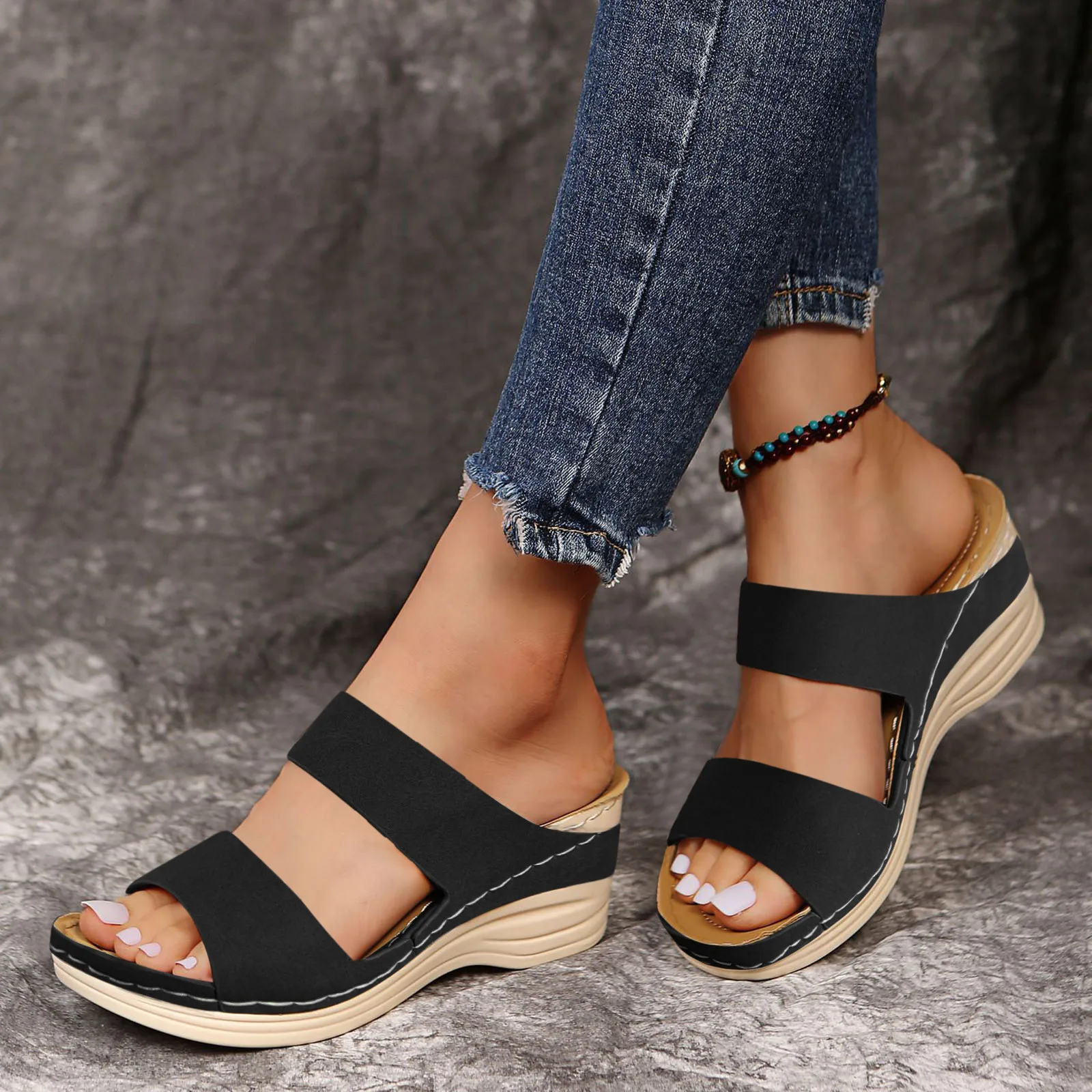 

Сандалии Женские однотонные на высоком каблуке, босоножки с кристаллами, широкие, с поддержкой свода стопы