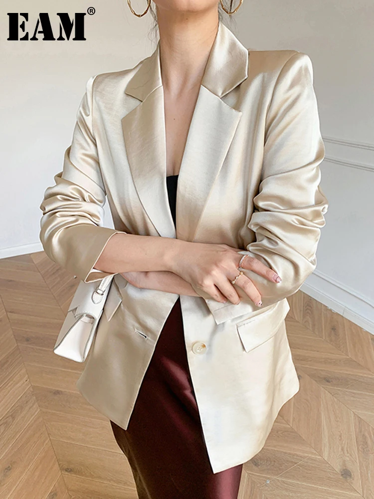 

[EAM] Women Beige Brief Temperament Blazer New Lapel Long Sleeve Loose Fit Jacket Fashion Tide Spring Autumn 2023 1X564
