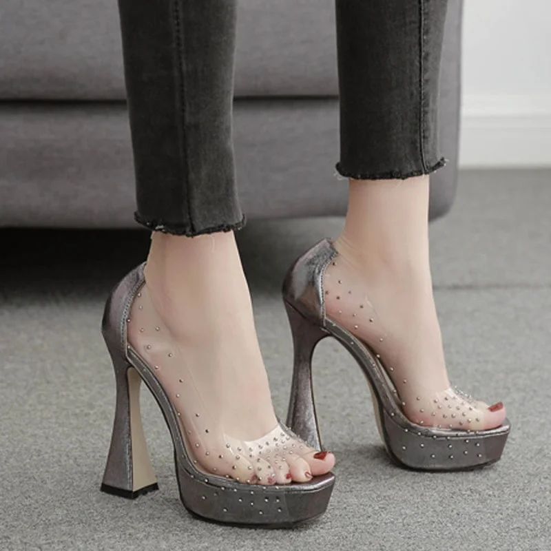 

Clear Transparent PVC Rhinestone Platform Pumps Fashion Peep Toes Female Cover Heel Party Wedding Ladies Plus Size 35-41