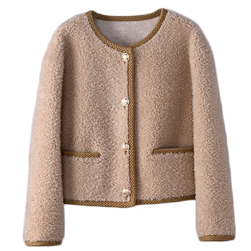 2023 Women Winter Fashion Genuine Wool Fur Jackets Female Short Sheep Shearing Coats Ladies O-neck Real Fur Overcoats R363