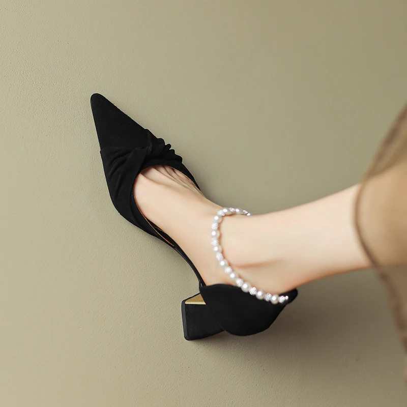 2023 New Women's Split Leather Shoes High Heel Sandals Summer Fashion Chunky Heel Pointed Toe Party women Shoes  Ladies Shoes