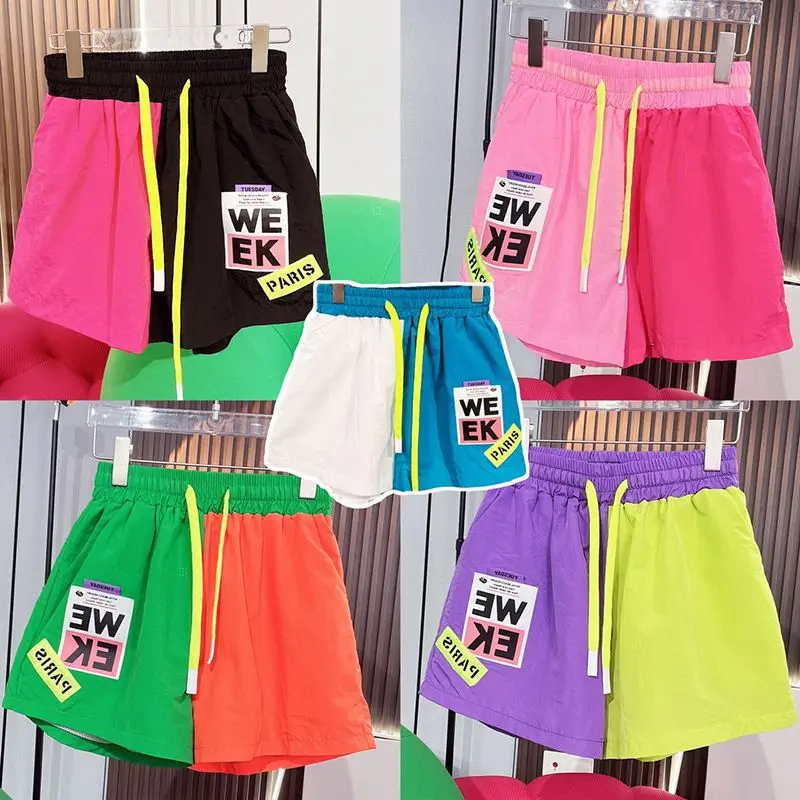 Summer Sports Shorts Women New Fashion Splicing Contrast Color Loose Quick Drying Shorts Simple Casual All Match Shorts