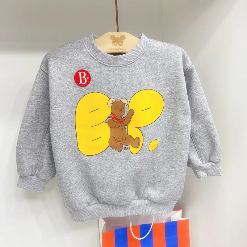 

베베 BeBe brand cotton children's clothes in stock for autumn/winter 2022 children's bear yellow letter gray sweatshirt