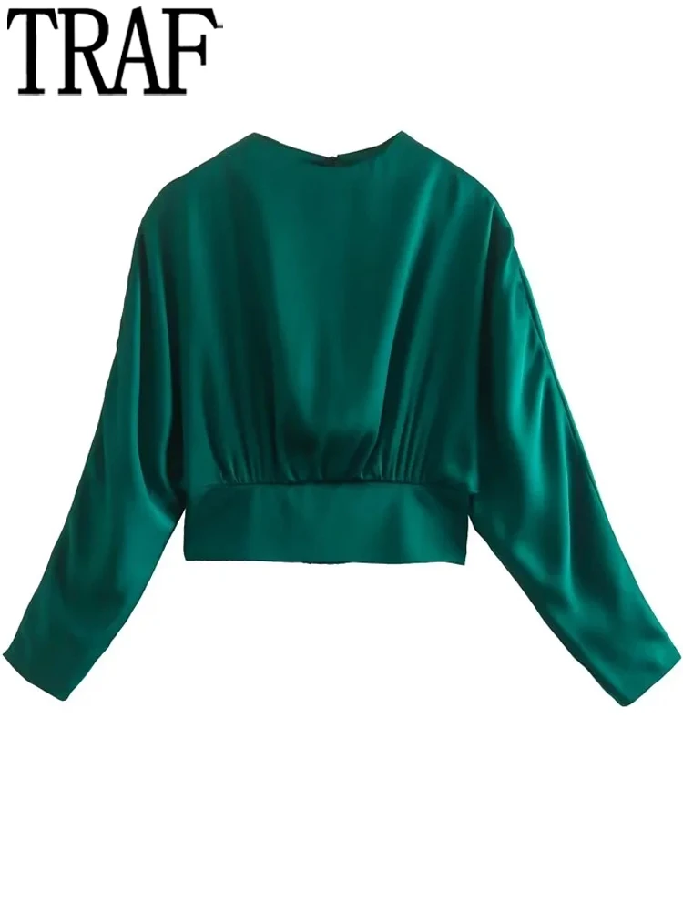 

TRAF 2022 Green Crop Top Women Backless Satin Blouse Woman Autumn Long Sleeve Blouse Female Fashion Ruched Elegant Women's Sets