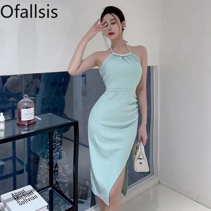 

Ofallsis French Style Sexy High Class Celebrity Pearl Hanging Neck Dress 2023 Summer Irregular Split Wrap Hip Mid Length Dresses