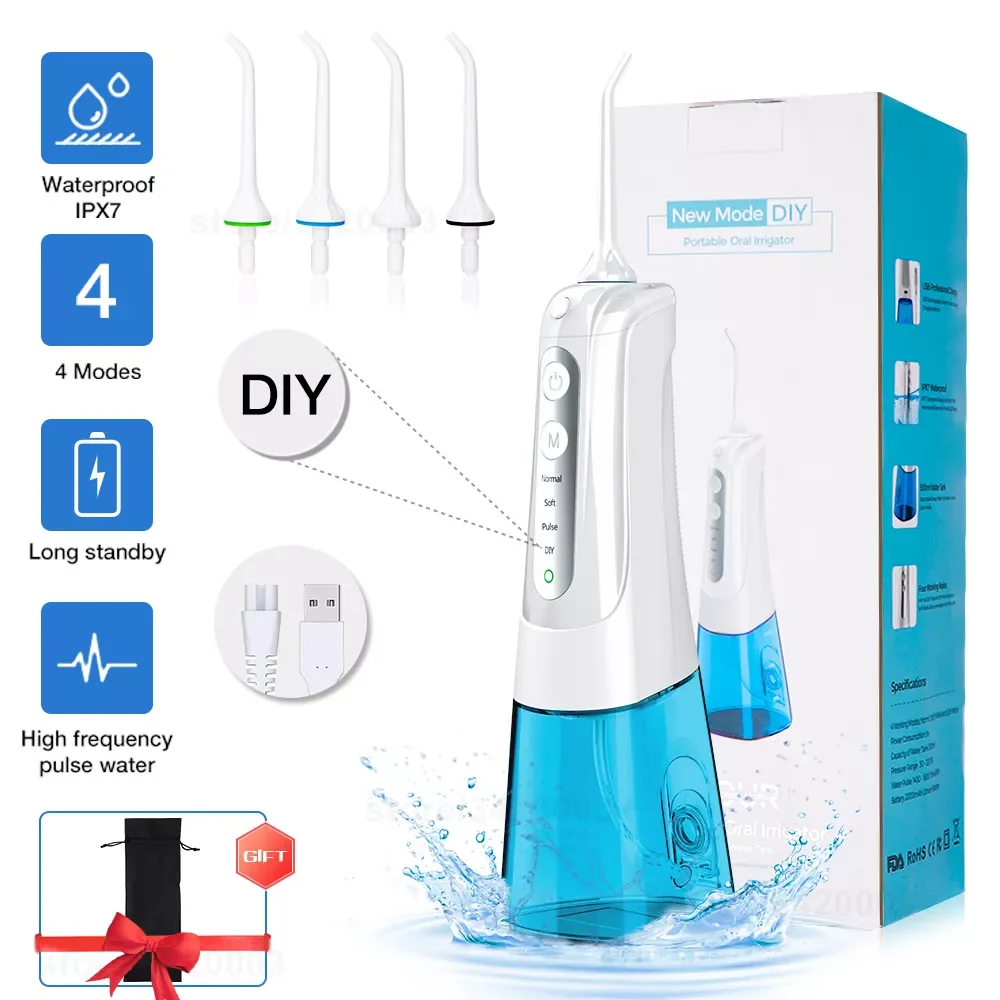 

Dental Oral Irrigator Dental Portable Water Flosser 4 Modes Waterproof Water Flosser 300ml Big Tank for Home and Travel