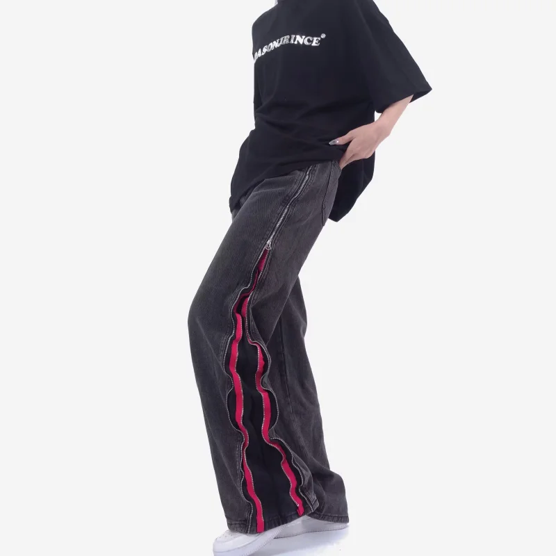 DEEPTOWN Vintage Patchwork Jeans for Men Black Straight Denim Pants Male Harajuku Fashion Trousers Double Zipper Streetwear 4XL