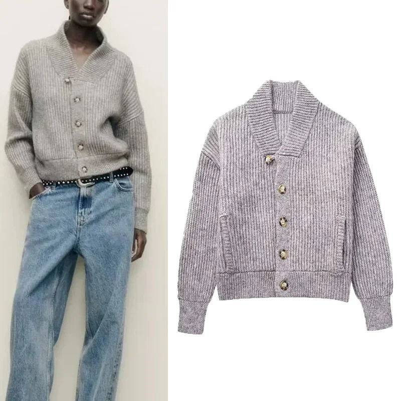 

TRAF Gray Knit Sweater For Women 2023 Autumn Basic Comfortable Warm V-neck Long Sleeves Cardigan Female Daily Office Casual Top