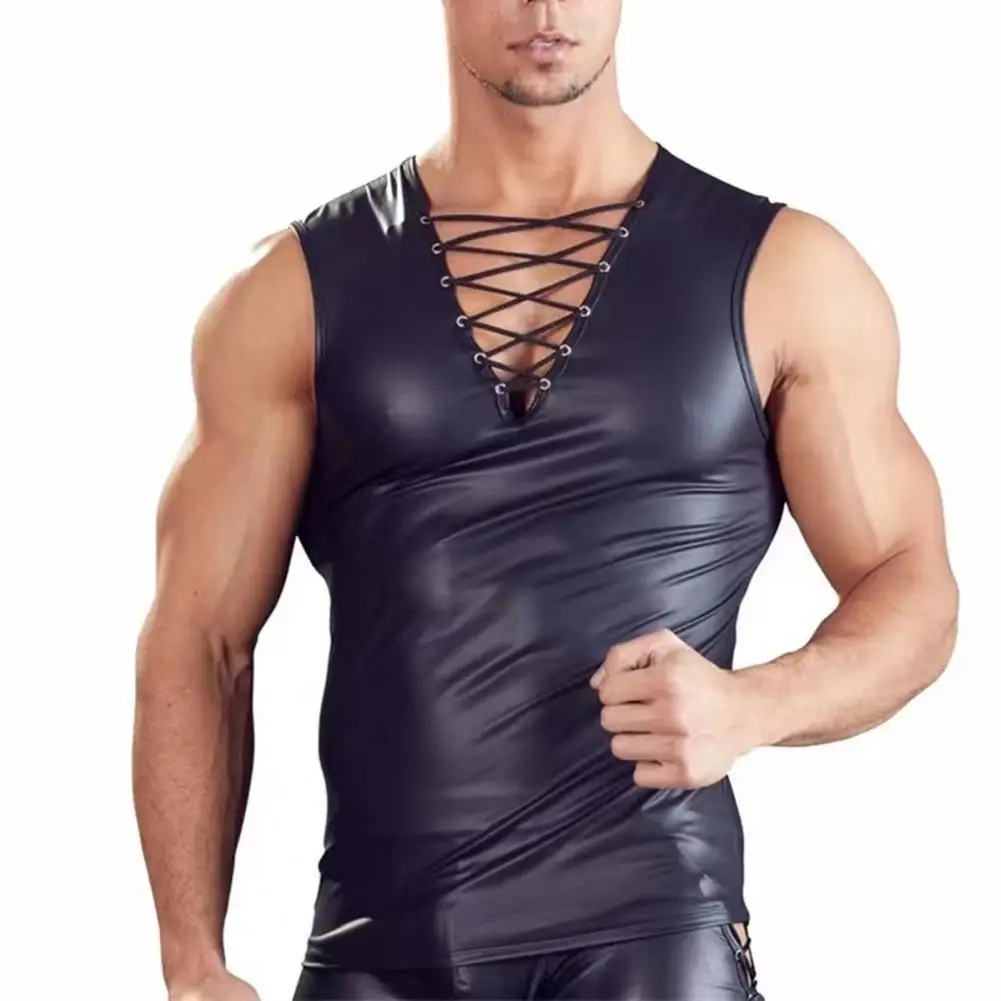 

Solid Color Top Sleek Faux Leather Men's Club Vests Slim Fit V-neck Breathable for Nightclubs Streetwear Performances Men Club