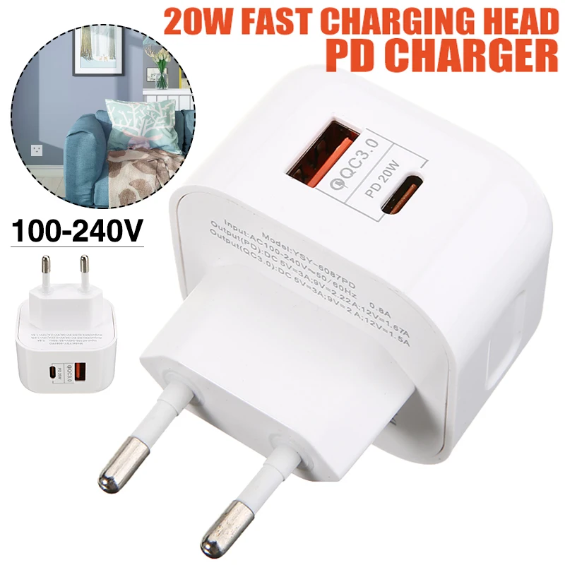 

1pcs 20W EU Plug Fast Charger Rechargeable Dual-port Mobile Phone Charger USB Type-C PD Quick Charger Adapter For iPhone