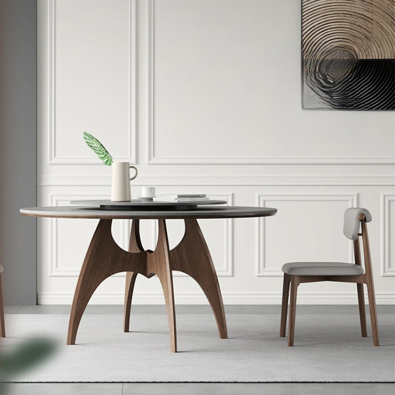 

Solid wood round dining table with turntable, quiet small apartment, modern minimalist Italian minimalist ash rock plate round