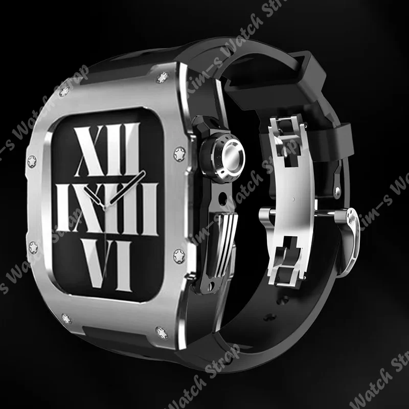 Titanium Alloy Stainless Steel Modification kit for Apple Watch 7 45mm Fluorine Rubber Strap for iWatch 6 SE 5 4 44mm Band Set