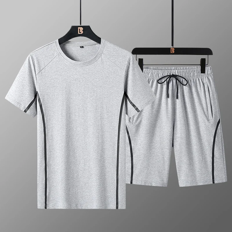 New Summer Men'S Sports Leisure Short Sleeve Shorts Suit Youth Fashion Trend 95% Cotton Round Neck Comfortable Two-Piece Set