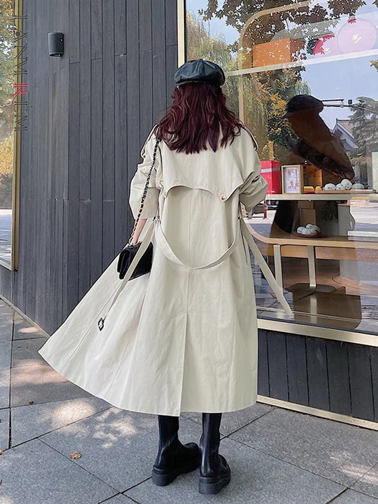 

LANMREM Loose Beige Trench For Women 2022 Autumn Korean Style Long Lapel Double Breasted Belt Windbreaker Niche Clothing 2R3582