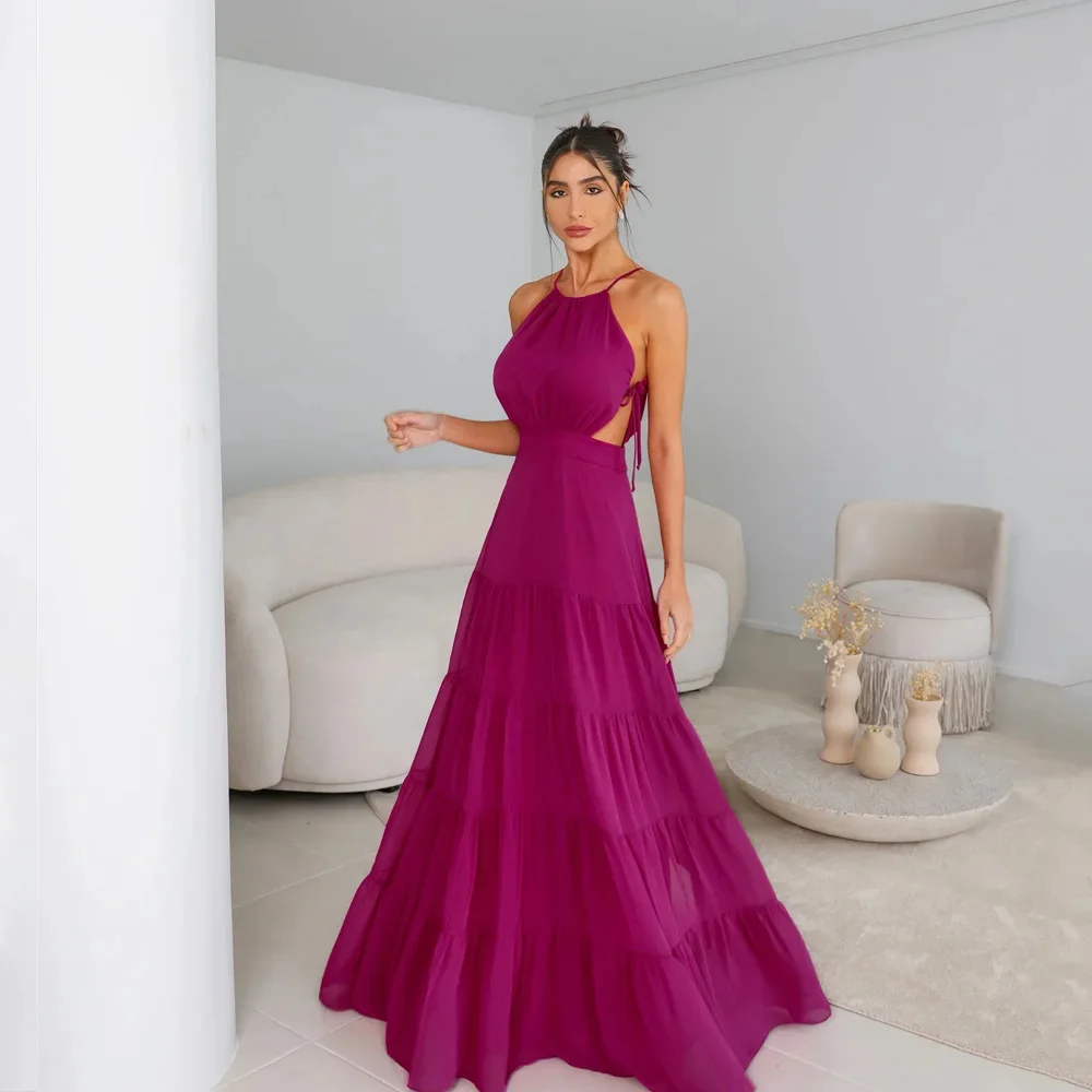 

Classical A line Formal Prom Dresses O neck Chiffon Sleeveless For Women vestidos de noche