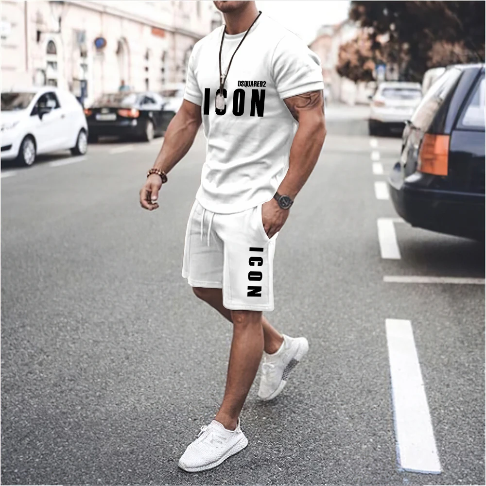 100%Cotton Letter Printing Men T-Shirts Set Brand Quality Shorts Tracksuit 2 Piece Outfit Fashion Summer Man Clothing Streetwear