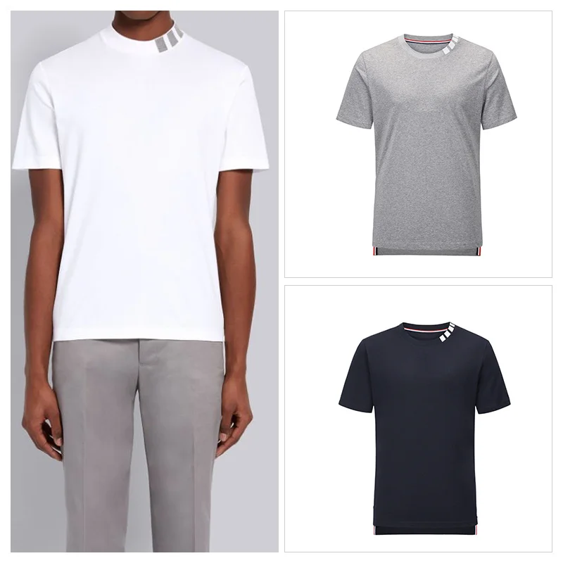 

Футболка TB THOM, летняя мужская одежда, Джерси из чистого хлопка с коротким рукавом и вырезом, топы в 4 полоску, повседневная облегающая Толсто...