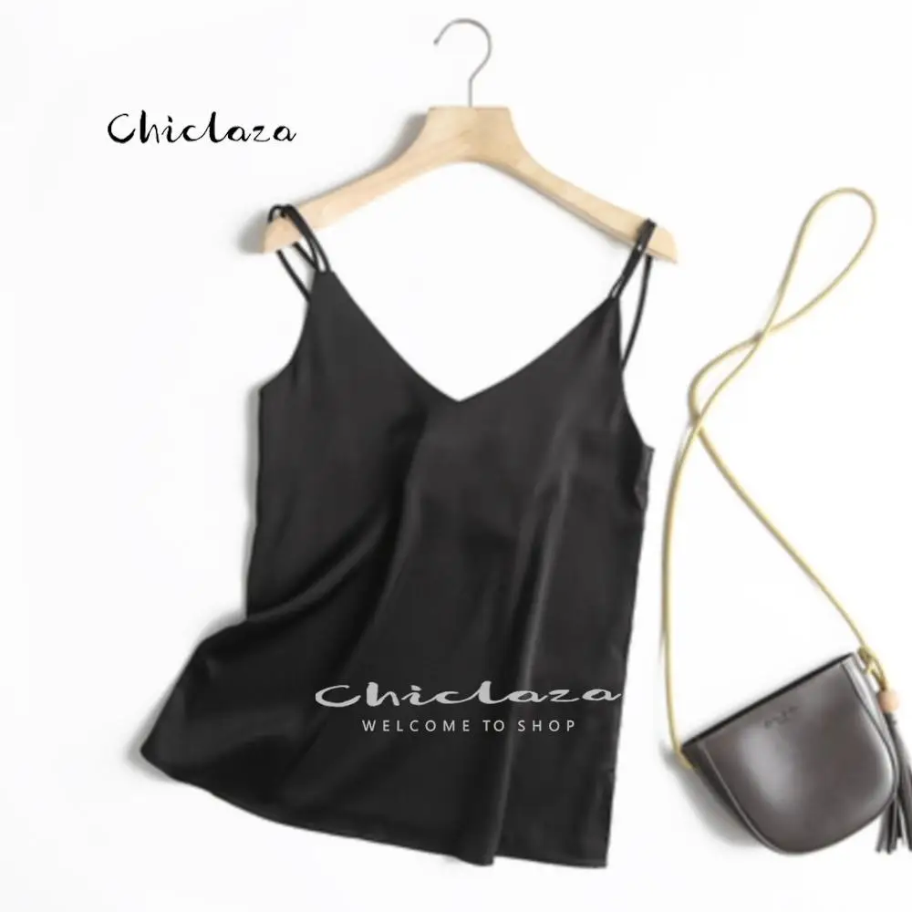 

CHICLAZA Women 2022 Summer Fashion White Black Sexy Satin Sleeveless Vest Ladies Casual Solid Simple Tops Female