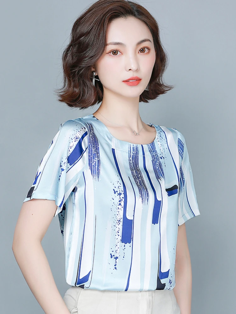 

Satin Blouse Women Tops Silk Pretty and Cheap Women's Blouses Fashion Woman Blouses 2022 Summer Stripe Blouse OL Female Clothing