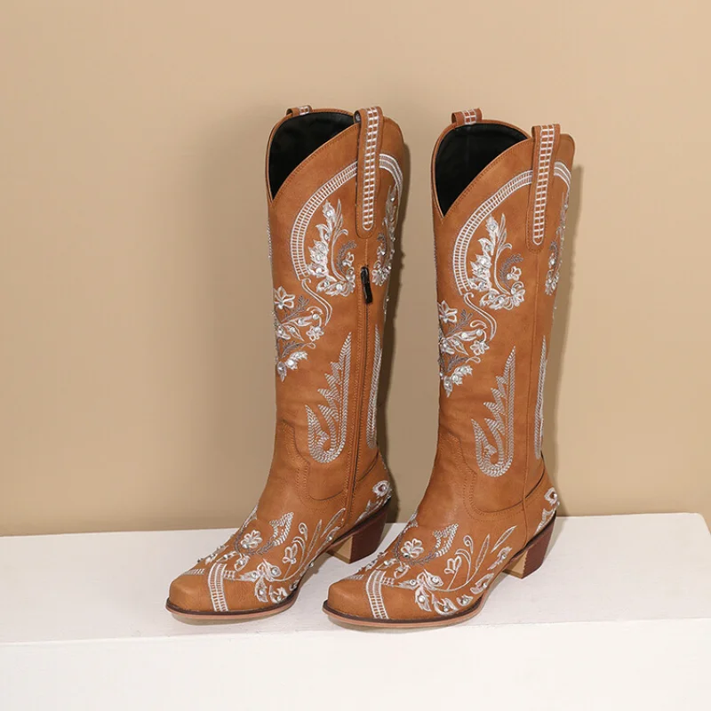 Embroidered Knight Boots Women's Thin Retro Sleeve Western Cowboy Boots V-cut Knight Boots Brown Mid-calf Doc Martens  A-0030