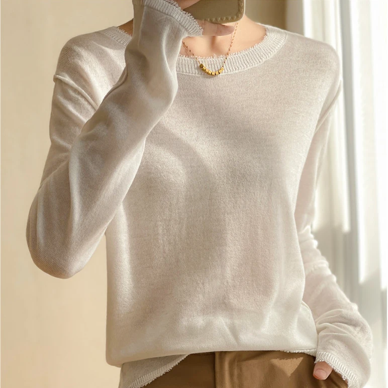 Белый ультратонкий шерстяной свитер Western Sle женский весенне-осенний вязаный низ