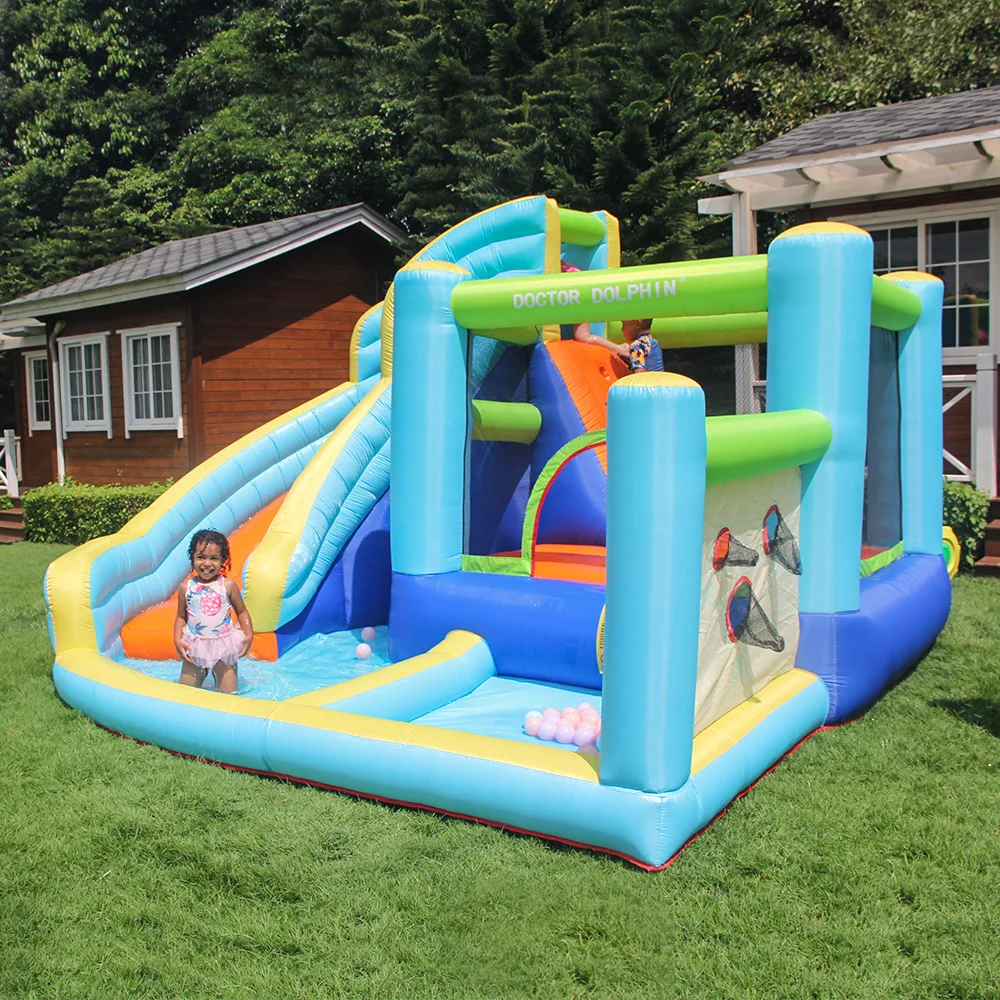 

Inflatable Bounce House Water Park Slide Bouncer with Ball Shooting Climbing Wall Jumping and Splash Pool Kids Bouncy Castle