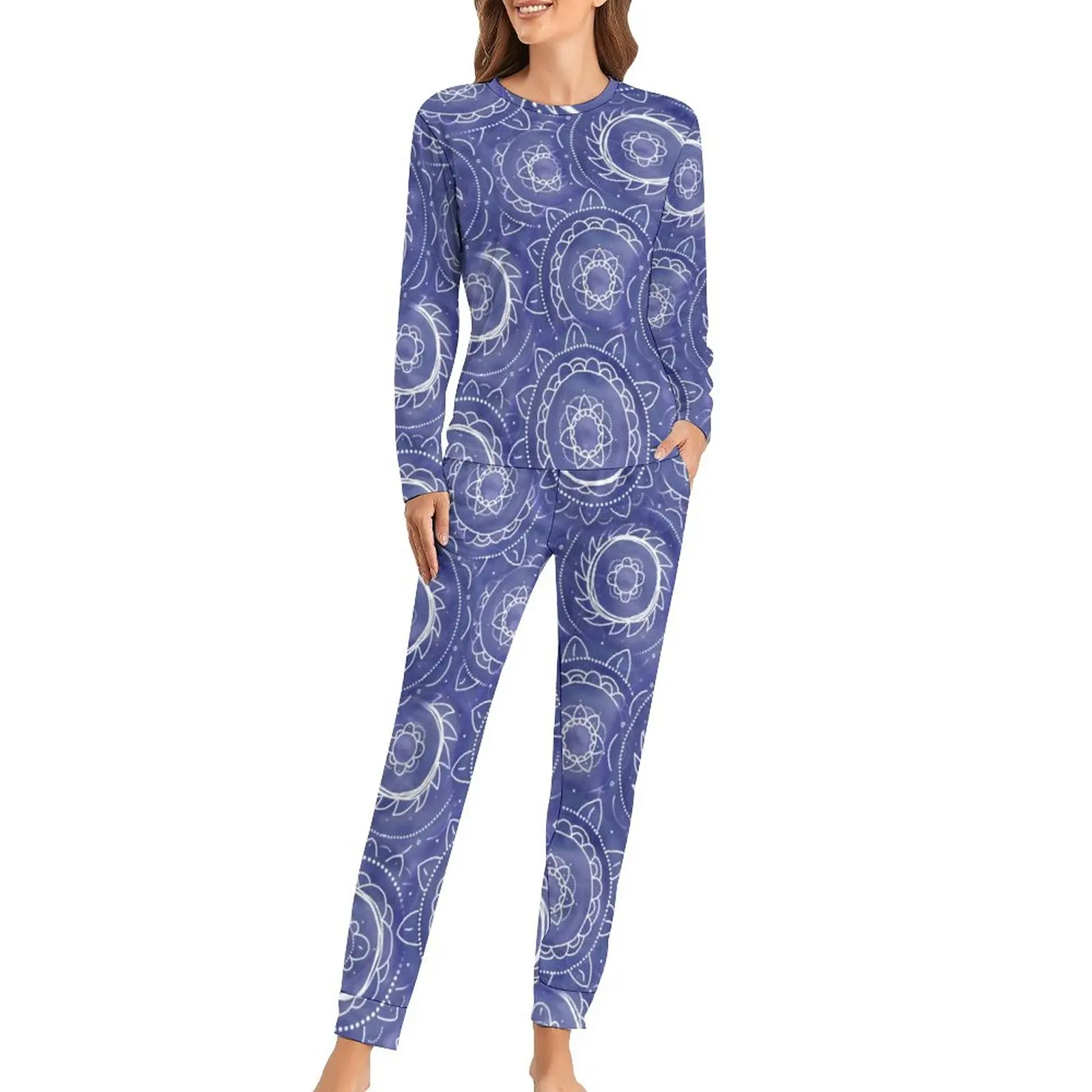 

Indigo Flower Circles Pajamas Retro Geometric Print Two Piece Casual Pajama Sets Womens Soft Oversize Sleepwear
