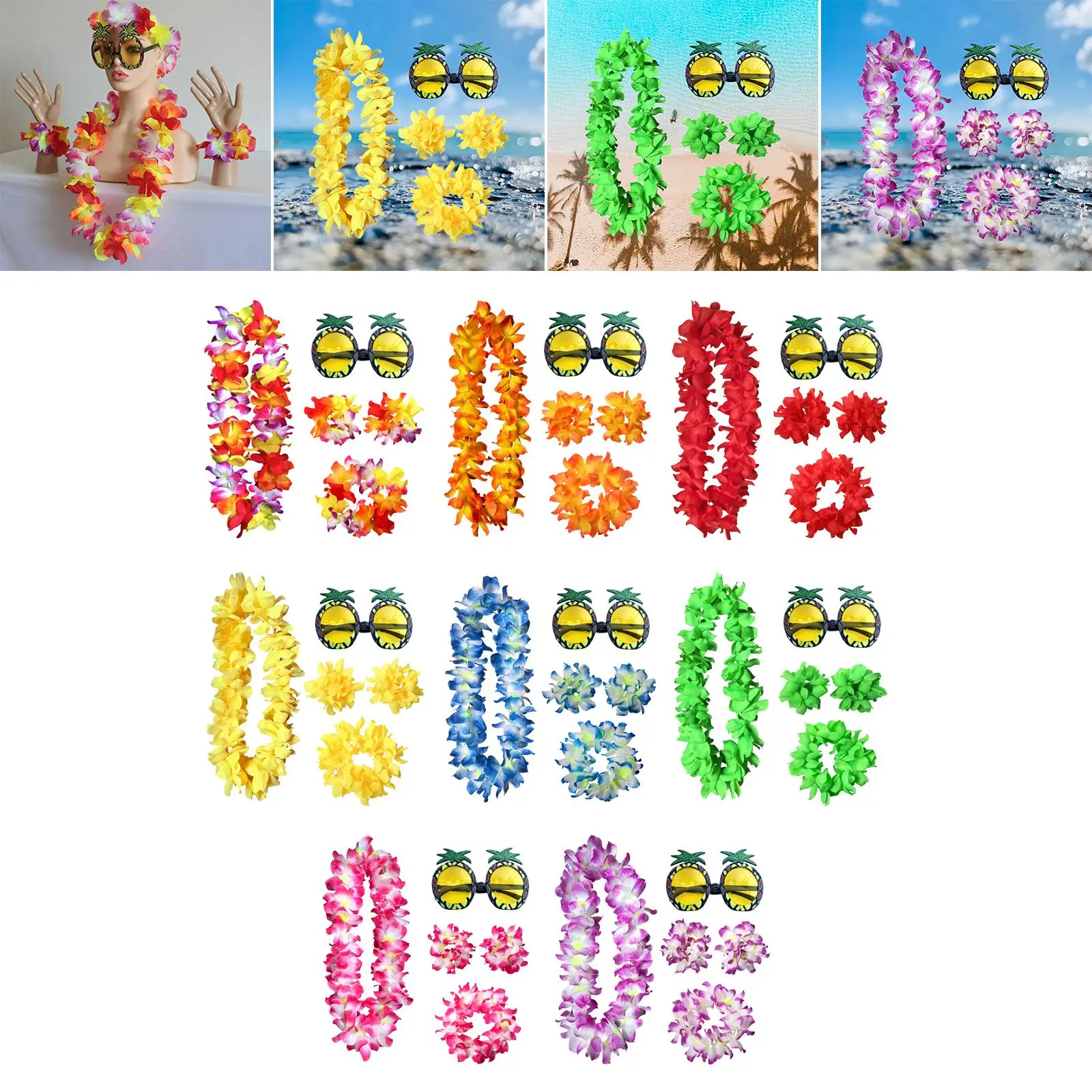 

Tropical Hawaiian Necklace Costume Set Beach Headband Glasses Adjustable Set for party Adults Dress Decor Ladies