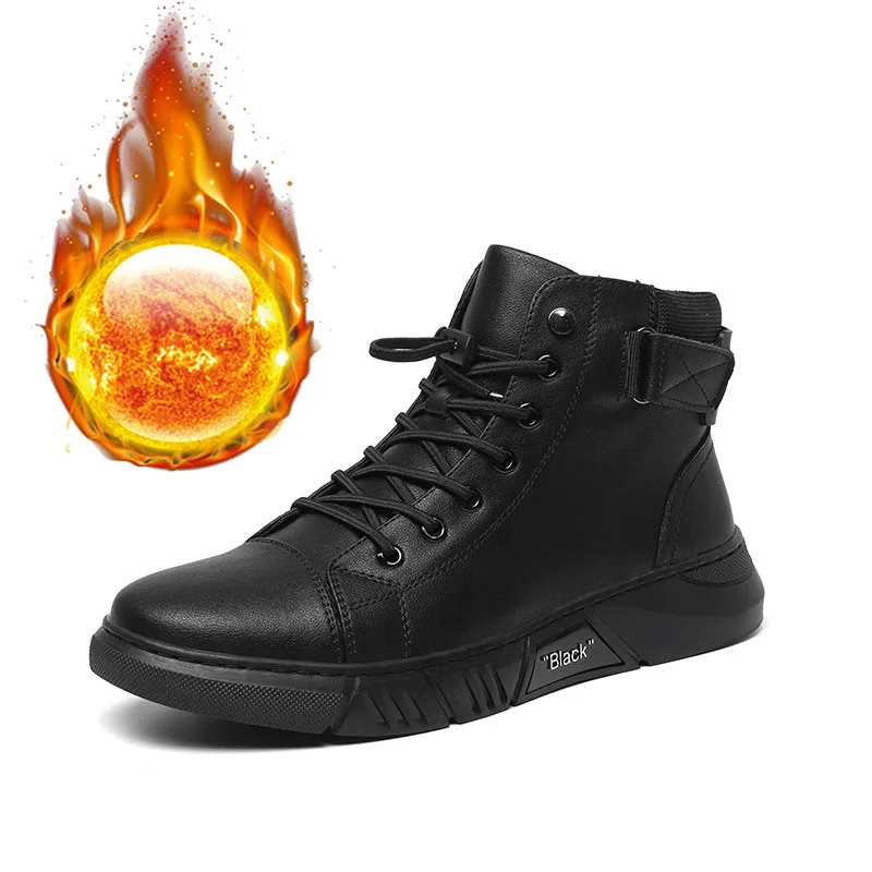 

Autumn Winter Shoes Mens Fashion Boots Genuine Leather Mens Ankle Boots Cow Leather Brand Male Footwear Black Warm Plush KA4865