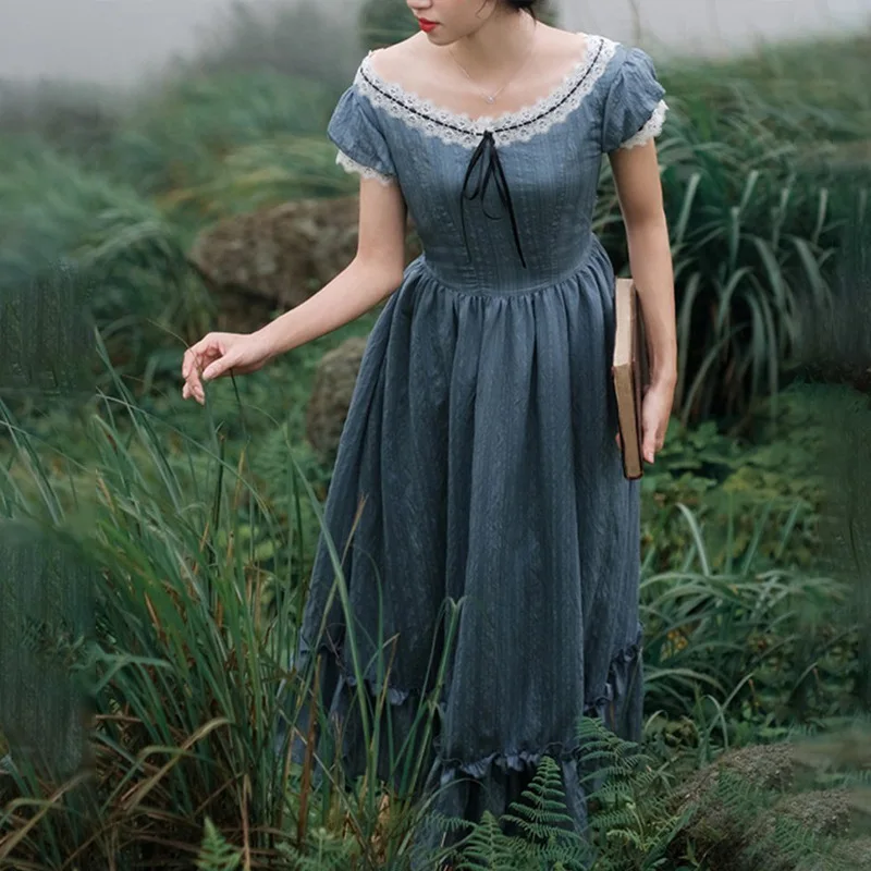 

Женское платье с вырезом лодочкой, повседневное облегающее платье средней длины с кружевом в винтажном Европейском стиле, синее платье в ро...