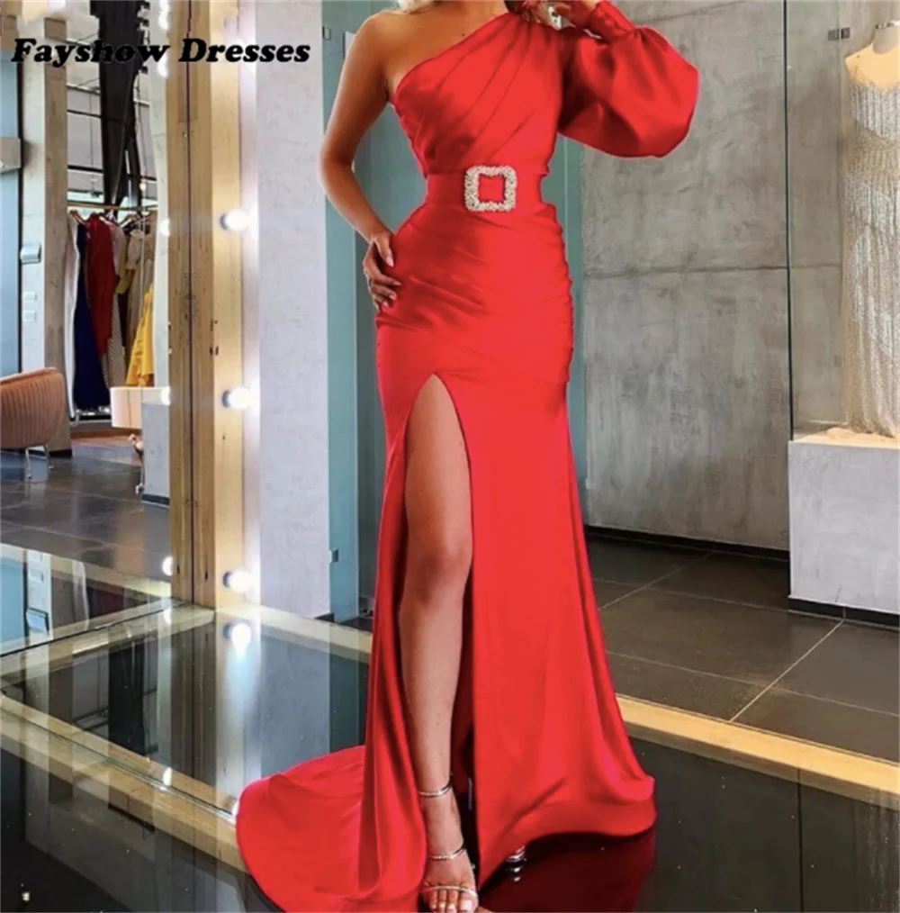 

One-Shoulder Satin Prom Gown Puff Sleeves High Split Occasion Dress Robe De Soirée Women Elegant Vintage Evening Party Dress