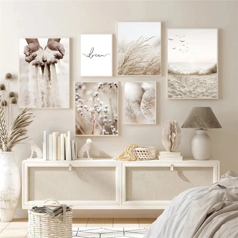 

Beige Mushroom Cotton Reed Sand Wall Art Canvas Painting Nordic Poster Living Room Decorative Art Painting