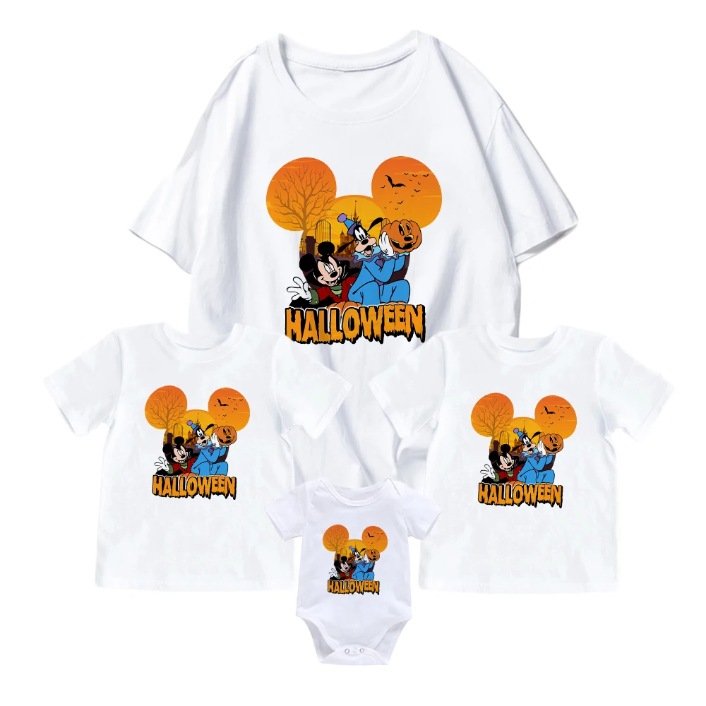 

Disney Hot Selling Family Look Outfits White Short Sleeve Mickey Goofy Funny Print Halloween Series Graphic Mother Kid Clothes