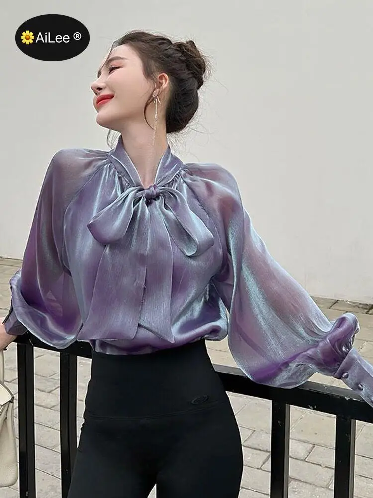 

Long Lantern Sleeve Women Shirts Fairy Bling Bow Neck Blouse Spring Autumn Party Banquet Tuxedo Formal Tops Lady Elegant Shirts