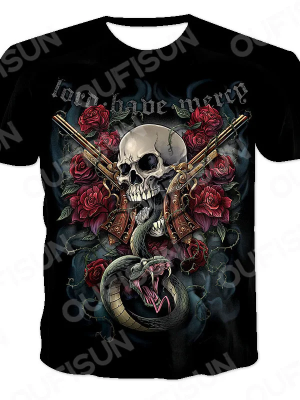 

3D printed summer shirt, skull and snake, men and women, comfortable, round collar, short sleeve, punk, large size