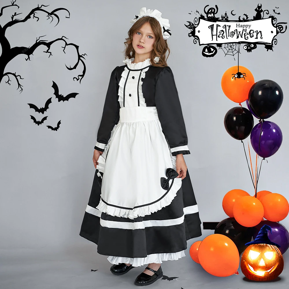 

Black White Halloween Costume Maid Cosplay Dress For Girls Children Performance Long Sleeve Party Birthday Princess Vestidos