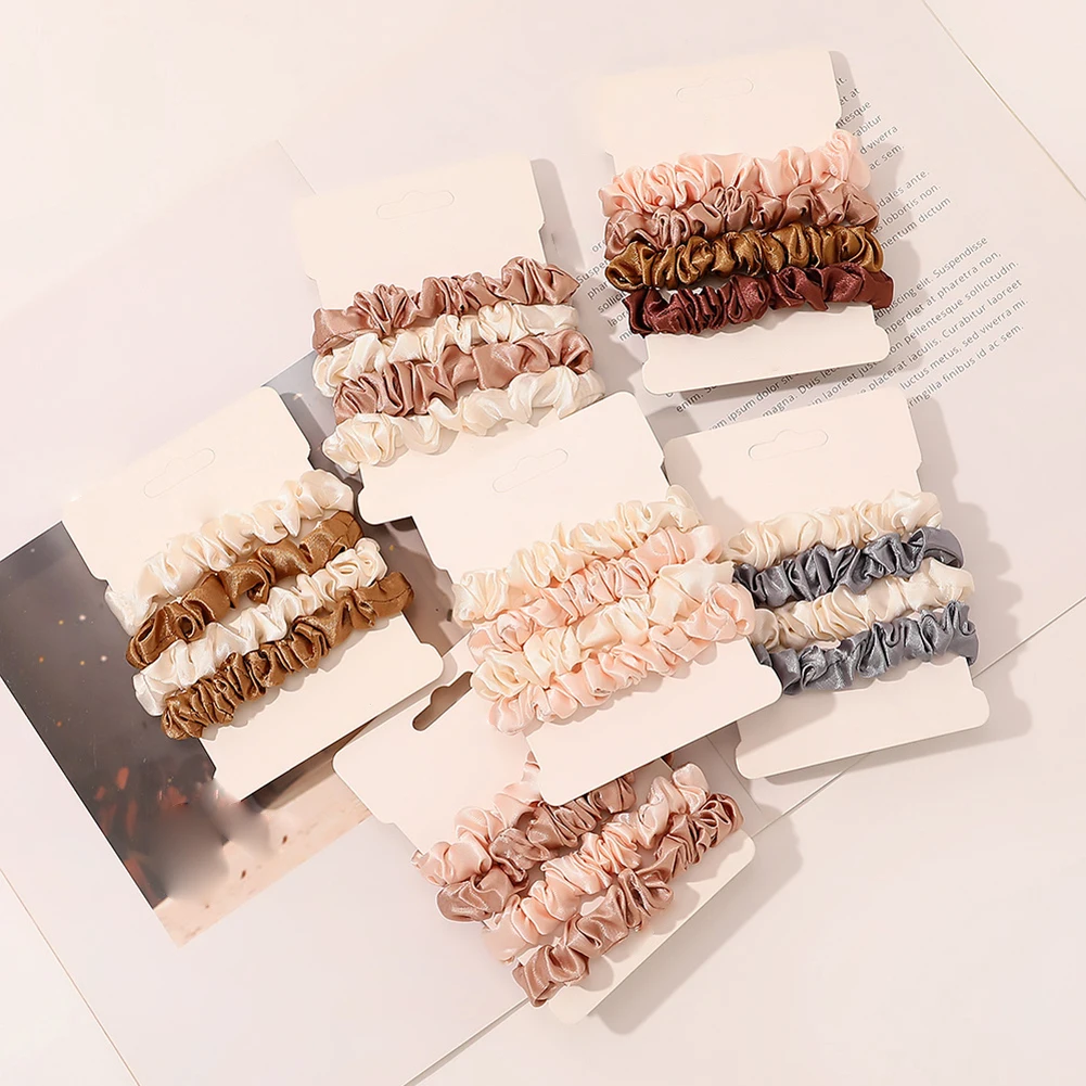 

4pcs Solid Satin Skinnies Small Scrunchie Set Hair Bow Ties Rope Bands Skinny Scrunchy Elastics Ponytail Holders for Women Girls