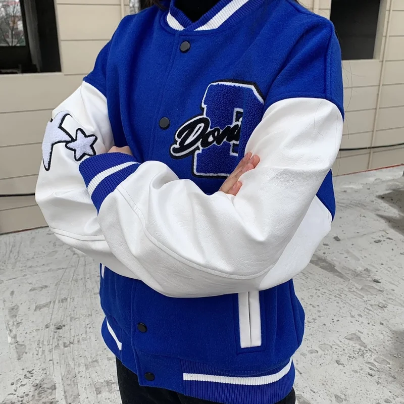 

Women Baseball Coats Unisex Hip Hop College Jackets Mens Furry Stars Letters Embroidery Color Block Harajuku Varsity Jacket