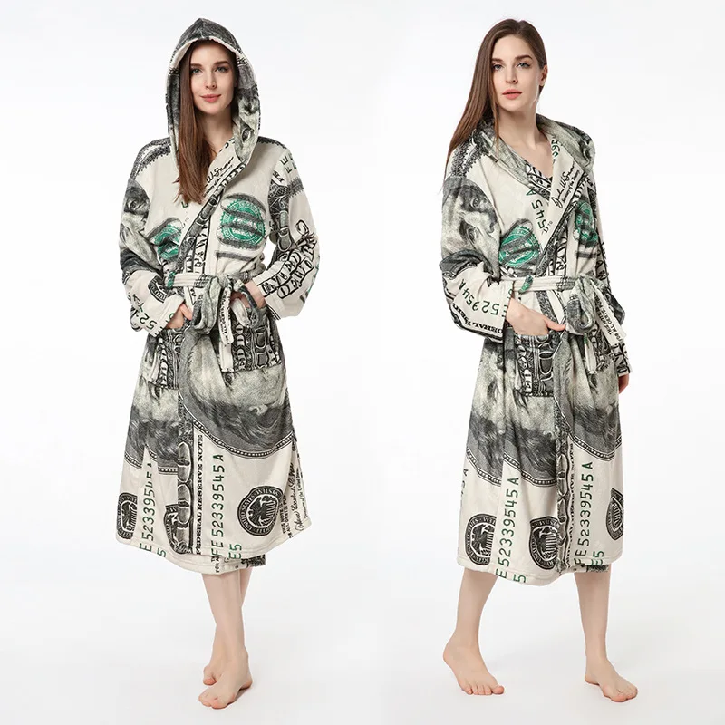 

Fashion Winter Nightgown US Dollar Printing Plus Size 2XL Men's Women's Home Wear Flannel Thickened Warmth Personality Pajamas