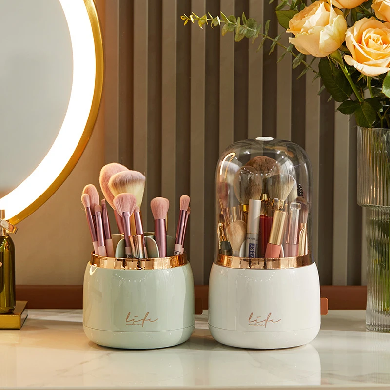 

Make Up Brushes Container With Clear Cover For Desktop Countertop Makeup Brush Holder Organizer with Lid Rotating Dustproof