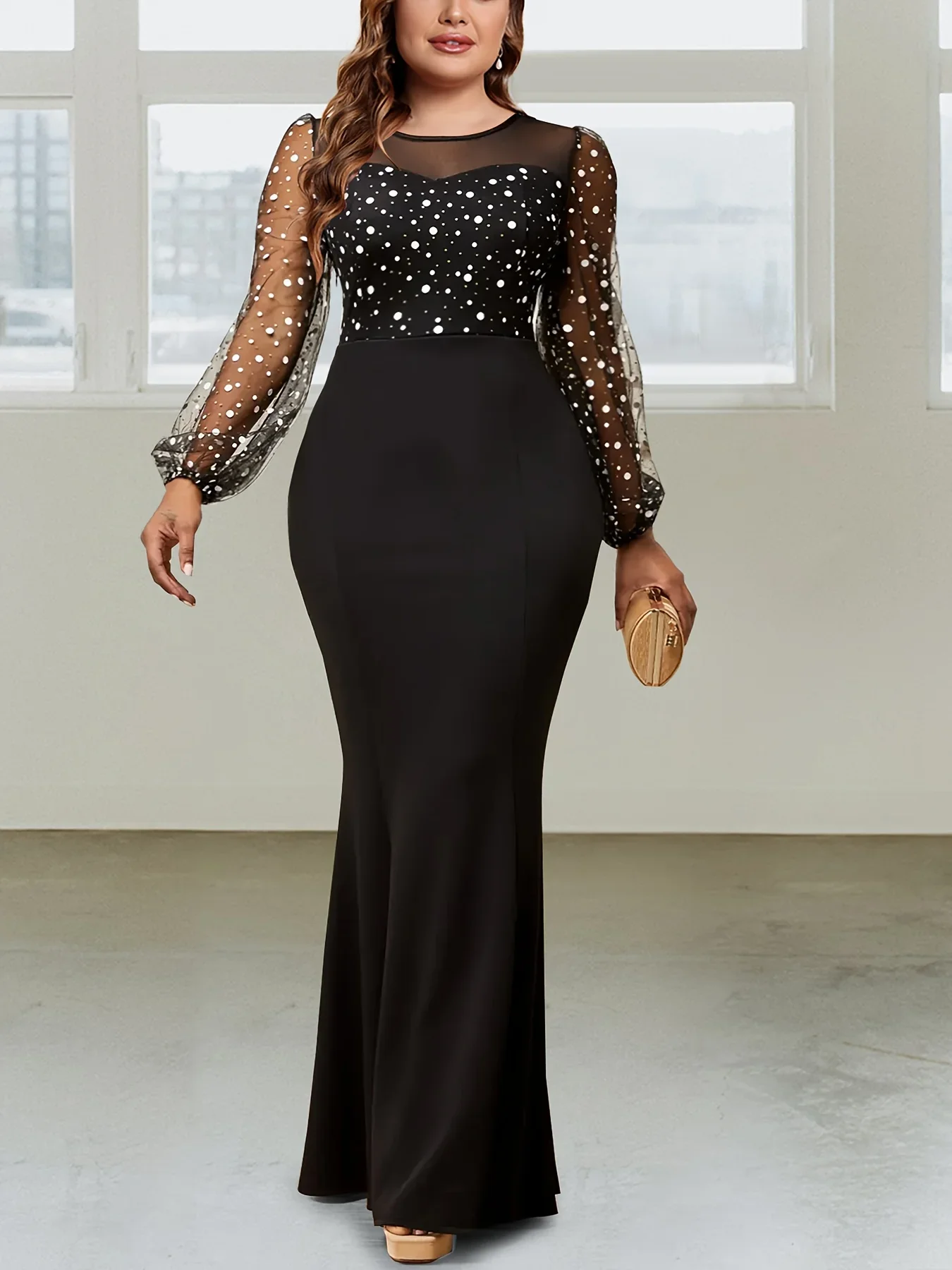 Женское платье больших размеров элегантное русалки с принтом в горошек сетчатое