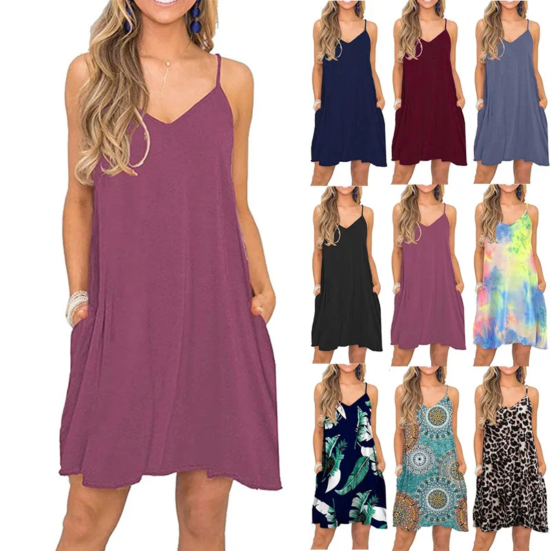 

2022 spring and summer new women's V-neck solid color sling pocket dress mid skirt summer new
